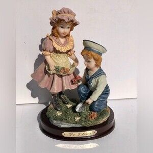 De Elina "Boy and Girl Picking Flowers" Figurine Sculpture Resin on Wooden Base